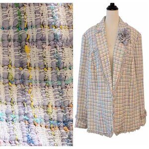 Nordstrom Encore Womens Plus Size 3X Pastel Tweed Fringe Hook Eye Rosette Blazer